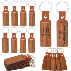 10PCS Leather Wood Keychain Blank, Wooden Keychain Blanks with Leather Strap, Unfinished Wooden Keychains for Laser Engraving, DIY Various Key Tags, Wood Crafts Gift