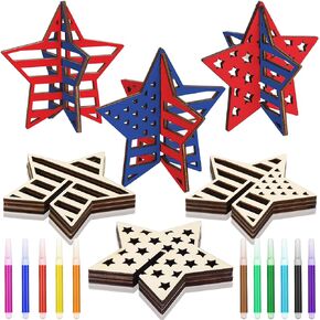 Huwena 36 Pcs Patriotic Crafts Set 24 Wood Stars for Crafts 4th of July 3D Star Cutouts with 12 Colored Pens Memorial Day Unfinished Wooden Slices to Paint for Independence Day Tiered Tray Decor