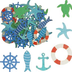 Coastal Cruise Ship Miniature Beach Themed Craft Wood Cutout Starfish, Sea Turtle, Sea Ring, Captain Wheel and Fish Small Wood Nautical Marine Cutouts for Craft DIY Project (36 Pieces)