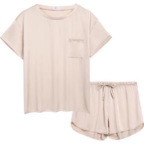 Joyaria Silky Satin Pajamas Set Short Sleeve Top with Short Sets Pjs Soft Cooling Sleepwear