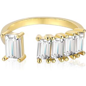 Emerald Cut Moissanite Diamond Statement Bands for Women Open-Space Ring Sterling Silver Open Stackable CZ Cubic Zirconia Engagement Rings for Her, Size Adjustable in White, Green OR Blue