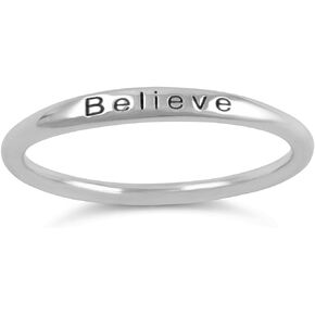 Rhodium Plated Sterling Silver Womens Thin Stackable Believe Inspiriational Word Ring (Size 4-11)