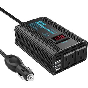 300W Power Inverter DC 12V to AC 120V Car Power Converter Adapter with 2x2.4A USB Ports and LED Display Dual AC Outlets【3YRS WARRANTY】 Black