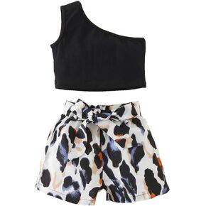 Baby Girls Summer Outfits Set One Shoulder Crop Top + Leopard Belted Shorts