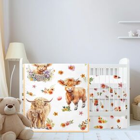 مجموعة مفروشات سرير الأطفال من Mixweer Highland Cow للبنين والبنات، طقم مفروشات سرير أطفال مزين بالزهور الملونة، مجموعات لحاف صغيرة للماشية، مقاس قياسي محايد للجنسين، ملاءة سرير مناسبة للأولاد والبنات