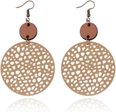 Fall Vintage Round Hollow Out Geometric Earrings Wooden Circle Leather Hollow Retro Boho Lightweight Ethnic Style Western Earrings For Women Girls Fashion Jewelry Gift in Saudi Arabia