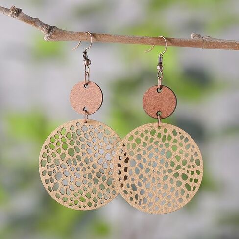 Fall Vintage Round Hollow Out Geometric Earrings Wooden Circle Leather Hollow Retro Boho Lightweight Ethnic Style Western Earrings For Women Girls Fashion Jewelry Gift in Saudi Arabia