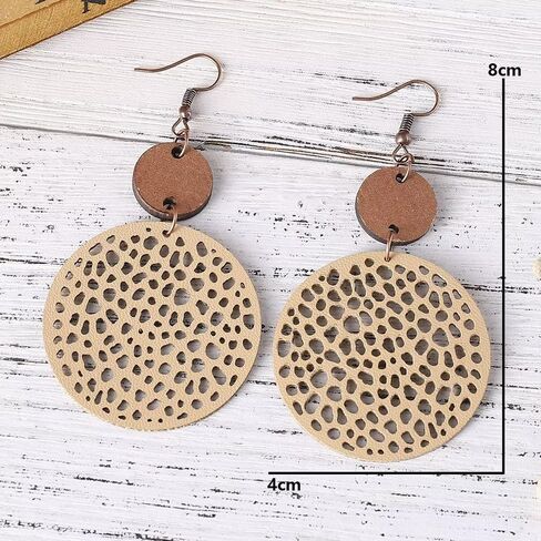 Fall Vintage Round Hollow Out Geometric Earrings Wooden Circle Leather Hollow Retro Boho Lightweight Ethnic Style Western Earrings For Women Girls Fashion Jewelry Gift in Saudi Arabia