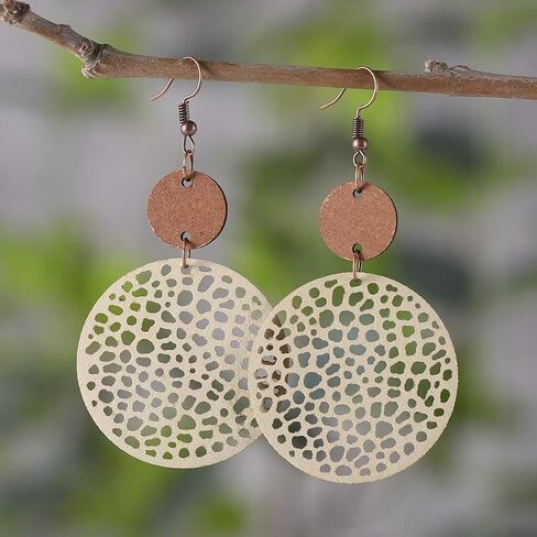 Fall Vintage Round Hollow Out Geometric Earrings Wooden Circle Leather Hollow Retro Boho Lightweight Ethnic Style Western Earrings For Women Girls Fashion Jewelry Gift in Saudi Arabia