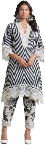 مجموعة سراويل كورتا للنساء من ذا لوم 3/4 كم ملابس عرقية هندية ورقبة على شكل حرف V مطبوعة كورتي عرقية هندية للفتيات أسود وأبيض in Kuwait