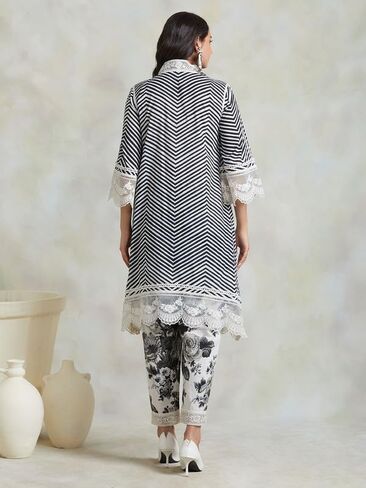 مجموعة سراويل كورتا للنساء من ذا لوم 3/4 كم ملابس عرقية هندية ورقبة على شكل حرف V مطبوعة كورتي عرقية هندية للفتيات أسود وأبيض in Kuwait