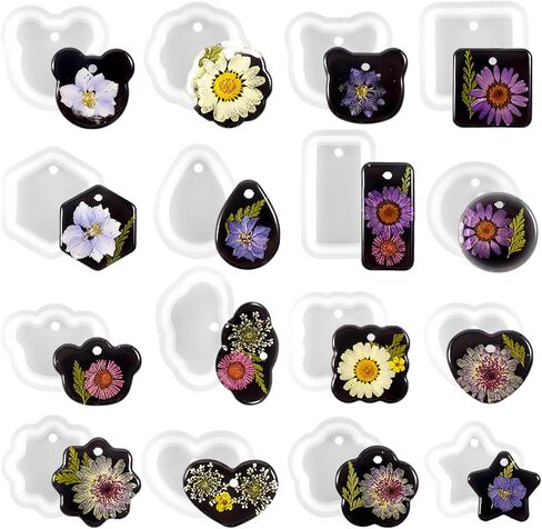 16PCS Jewelry Casting Molds Silicone Resin Molds for DIY Pendant Set Necklace Keychain Molds with Hanging Hole Jewelry Making DIY Craft Tools for DIY Craft Jewelry Making in Saudi Arabia