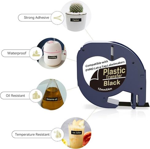 3 × شريط لاصق ذهبي على أسود لصانع الملصقات DYMO يعيد تعبئة البلاستيك المتوافق مع صانعي الملصقات Dymo Letratag يعيد تعبئة Letra Tag LT100T LT100H QX50 in Kuwait