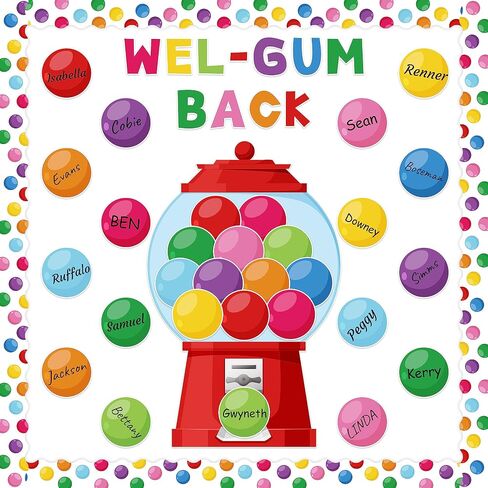 WATINC 105Pcs Back to School Gumball Machine WEL-Gum Cutouts Colorful Bubble Gumballs Bulletin Board Decoration Set, Classroom Welcome Candy Theme Chalkboard Wall Party Supply for Elementary School in Saudi Arabia
