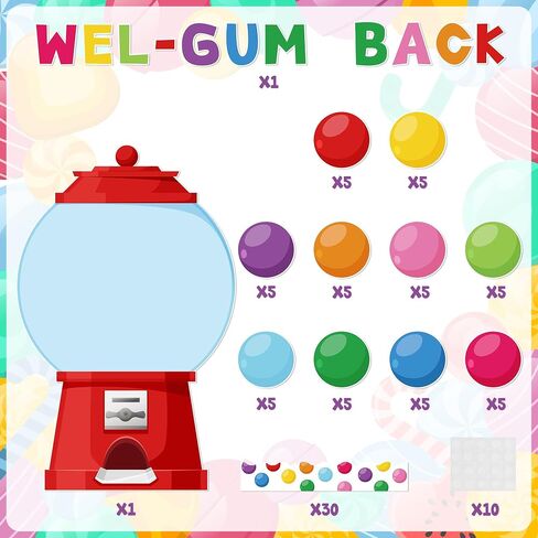 WATINC 105Pcs Back to School Gumball Machine WEL-Gum Cutouts Colorful Bubble Gumballs Bulletin Board Decoration Set, Classroom Welcome Candy Theme Chalkboard Wall Party Supply for Elementary School in Saudi Arabia