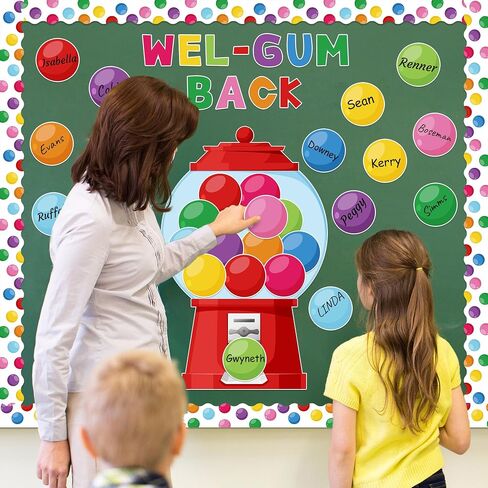 WATINC 105Pcs Back to School Gumball Machine WEL-Gum Cutouts Colorful Bubble Gumballs Bulletin Board Decoration Set, Classroom Welcome Candy Theme Chalkboard Wall Party Supply for Elementary School in Saudi Arabia