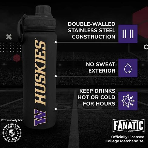 Campus Colors NCAA Stainless Steel Water Bottle - Twist on cap - 24 oz - Carry Clip - Keeps Your Drinks Hot or Cold for Hours (Washington Huskies - Black) in Saudi Arabia