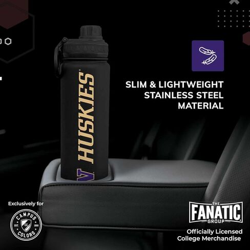 Campus Colors NCAA Stainless Steel Water Bottle - Twist on cap - 24 oz - Carry Clip - Keeps Your Drinks Hot or Cold for Hours (Washington Huskies - Black) in Saudi Arabia