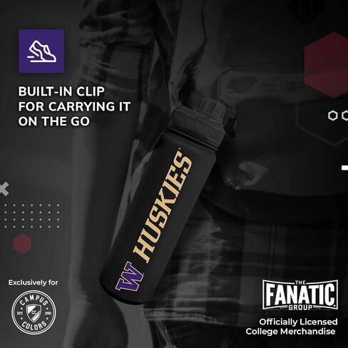 Campus Colors NCAA Stainless Steel Water Bottle - Twist on cap - 24 oz - Carry Clip - Keeps Your Drinks Hot or Cold for Hours (Washington Huskies - Black) in Saudi Arabia
