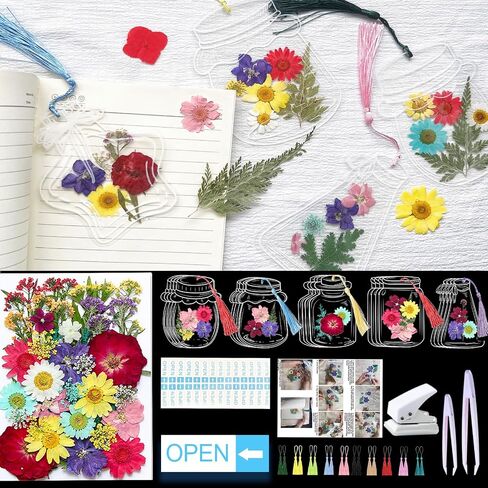 64 Pcs Transparent Bookmark Flower Seal Set, Large Size Dried Flower Bookmarks Making Kit, Clear DIY Bookmark with Pressed Flowers, Clear Jar Stickers, Tweezer in Saudi Arabia
