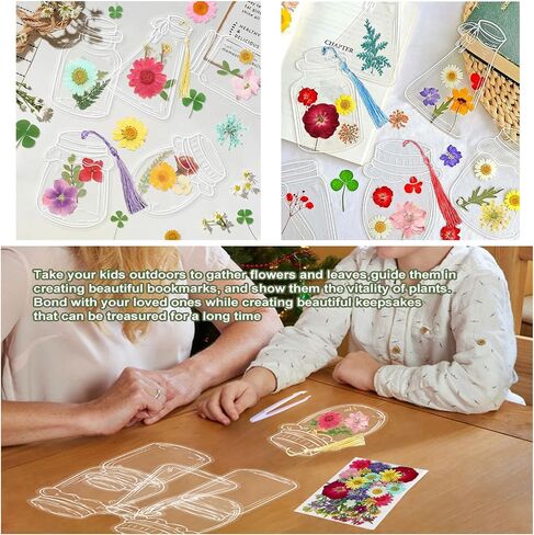 64 Pcs Transparent Bookmark Flower Seal Set, Large Size Dried Flower Bookmarks Making Kit, Clear DIY Bookmark with Pressed Flowers, Clear Jar Stickers, Tweezer in Saudi Arabia