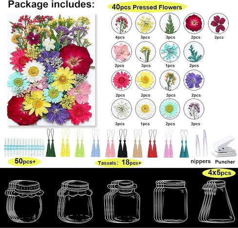 64 Pcs Transparent Bookmark Flower Seal Set, Large Size Dried Flower Bookmarks Making Kit, Clear DIY Bookmark with Pressed Flowers, Clear Jar Stickers, Tweezer in Saudi Arabia