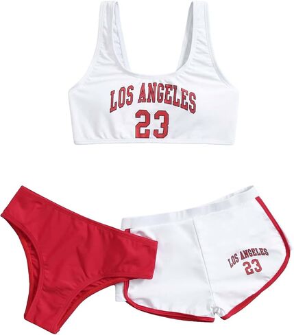 OYOANGLE Girl's 3 Piece Letter Printed Scoop Neck High Waist Sports Bikini Set Swimsuit with Shorts Cover Up in Saudi Arabia