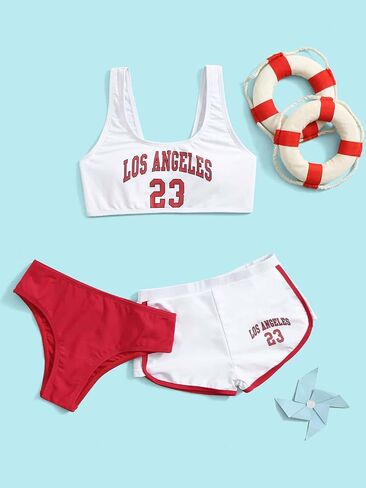 OYOANGLE Girl's 3 Piece Letter Printed Scoop Neck High Waist Sports Bikini Set Swimsuit with Shorts Cover Up in Saudi Arabia