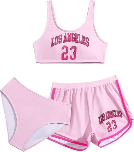 OYOANGLE Girl's 3 Piece Letter Printed Scoop Neck High Waist Sports Bikini Set Swimsuit with Shorts Cover Up in Saudi Arabia
