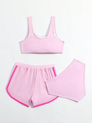 OYOANGLE Girl's 3 Piece Letter Printed Scoop Neck High Waist Sports Bikini Set Swimsuit with Shorts Cover Up in Saudi Arabia