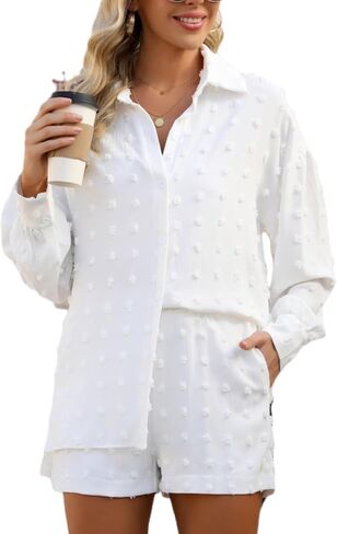 CiCiBird ملابس نسائية غير رسمية مكونة من قطعتين قميص بأزرار للأسفل شورت عالي الخصر طقم صالة لطيف بدلة رياضية Pompom in Kuwait