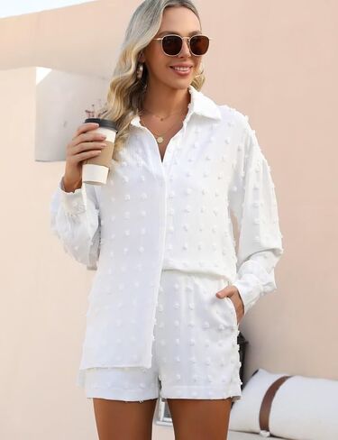 CiCiBird ملابس نسائية غير رسمية مكونة من قطعتين قميص بأزرار للأسفل شورت عالي الخصر طقم صالة لطيف بدلة رياضية Pompom in Kuwait