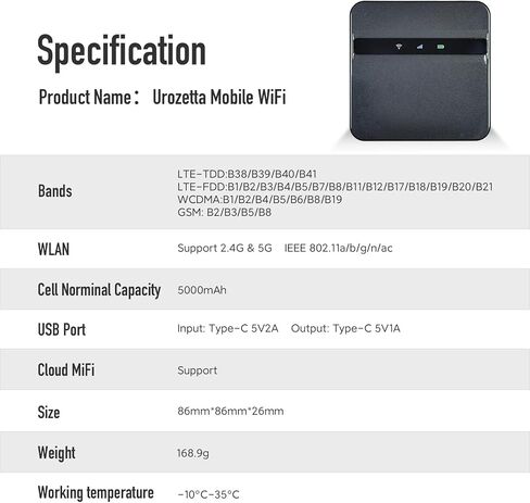 Urozetta Mobile Hotspot Router لاسلكي محمول للسفر في أكثر من 150 دولة، واي فاي عالي السرعة مع 25 جيجابايت أمريكي، بدون بطاقة SIM، 5000 مللي أمبير، تجوال مجاني، في جميع أنحاء العالم، السفر، المنزل، UZ-100 in Saudi Arabia