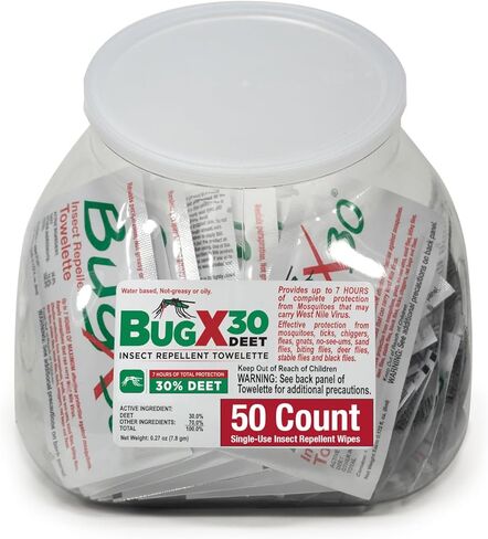 CoreTex Bug X 30 مناديل طاردة للبعوض والقراد والحشرات مع 30% DEET - عبوة حوض السمك مكونة من 50 منديلًا طاردًا للحشرات للاستخدام مرة واحدة لمدة 7 ساعات من الحماية - تحمي من 12 نوعًا من الحشرات in Kuwait