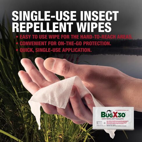 CoreTex Bug X 30 مناديل طاردة للبعوض والقراد والحشرات مع 30% DEET - عبوة حوض السمك مكونة من 50 منديلًا طاردًا للحشرات للاستخدام مرة واحدة لمدة 7 ساعات من الحماية - تحمي من 12 نوعًا من الحشرات in Kuwait