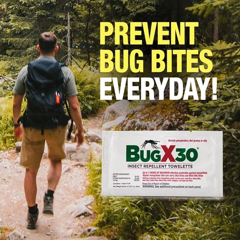 CoreTex Bug X 30 مناديل طاردة للبعوض والقراد والحشرات مع 30% DEET - عبوة حوض السمك مكونة من 50 منديلًا طاردًا للحشرات للاستخدام مرة واحدة لمدة 7 ساعات من الحماية - تحمي من 12 نوعًا من الحشرات in Kuwait