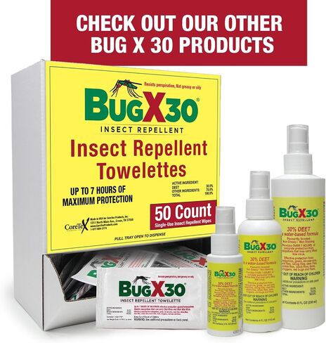 CoreTex Bug X 30 مناديل طاردة للبعوض والقراد والحشرات مع 30% DEET - عبوة حوض السمك مكونة من 50 منديلًا طاردًا للحشرات للاستخدام مرة واحدة لمدة 7 ساعات من الحماية - تحمي من 12 نوعًا من الحشرات in Kuwait