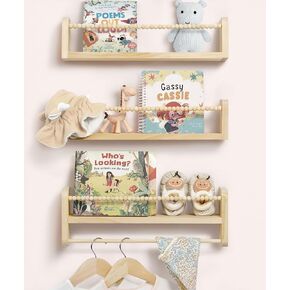 Nursery Book Shelves for Wall Set of 3, Natural Wood Bookshelves Wall Decor, Small Floating Shelf Organizer for Kids Room, Bedroom, Kitchen Spice Rack
