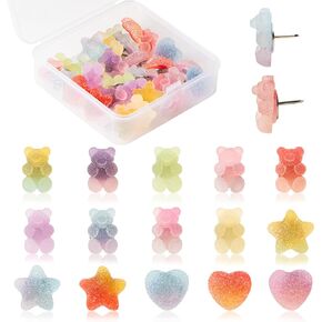 الدببة الملونة دفع دبابيس 30pcs الدببة غائر دبابيس الدفع نجمة على شكل قلب الراتنج الإبهام تك للوحة الفلين صورة جدار لوحة الإعلانات خريطة التقويم مكتب المدرسة مستلزمات ديكور تك