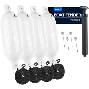 Five Oceans 4-Pack Boat Fenders - Boat Bumpers for Docking - 4 Ropes Lines 3/8-Inch x 5-Foot - Boat Fender with Inflator Pump and 4 Needles