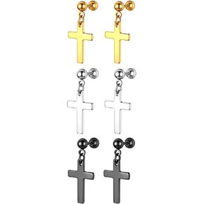 Cupimatch 3 Pairs Cross Dangle Stud Earrings Set for Men Women,Black Gold Silver Ear Pierced Stainless Steel Earrings Jewelry