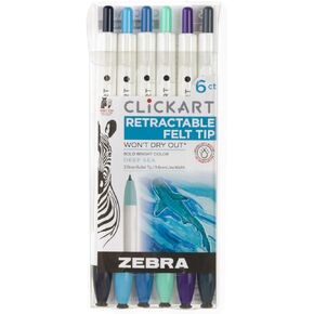 Zebra Pen ClickArt Retractable Marker Pen, Fine Point, 0.6mm, Assorted Deep Sea Colors, 6-Pack; 69026