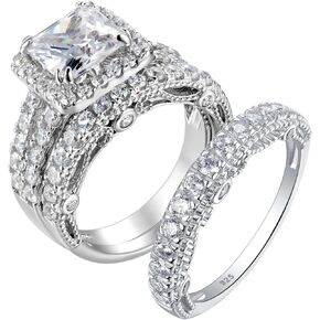 Wuziwen 4Ct Engagement Rings for Women Sterling Silver Cubic Zirconia Wedding Bridal Ring Set With 2 Band Size 7