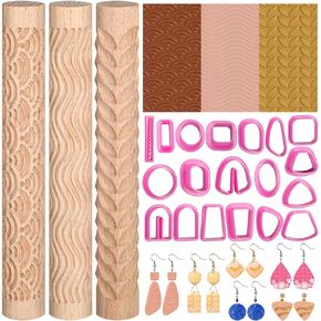 3 Pcs Polymer Clay Texture Roller with 18 Pcs Polymer Clay Cutters for Making Earrings, Long Dangle Shape Polymer Clay Cutters Pottery Ceramic Carved Tools for DIY Handcrafts