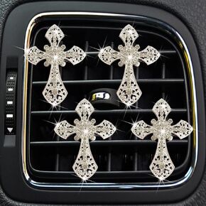 Bling Cross Air Vent Clips, 4 Pcs Crystal Cross Car Air Fresheners Vent Clips Car Diffuser Vent Clip Rhinestone Diamond Cross Car Decoration Car Interior Decor Bling Car Accessories for Women