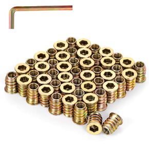 1/4-20 x 20mm Wood Inserts Bolt Furniture Screw in Nut Threaded Fastener Connector Hex Socket Drive for Wood Furniture, 50 PCS