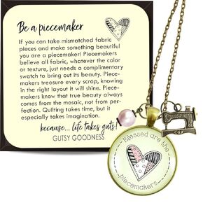 Quilters Necklace Blessed are Piecemakers Seamstress Faith Jewelry for Women 24" Chain - Handmade Pendant, Vintage Bronze Sewing Machine Charm, Thoughtful Packaging with Message Card & Gift Box