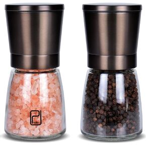 Premium Black Stainless Steel Salt and Pepper Grinder Set With Stand in Bamboo Wood - Gunmetal Salt and Pepper Shakers with Adjustable Coarseness - Bronze Pepper Mill and Salt Grinders Shaker set