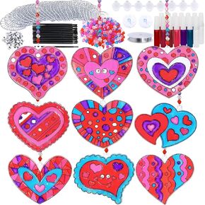 Winlyn 27 Sets Heart Suncatchers Ornaments Decoration DIY Window Paint Art Stickers Craft Kit Heart Sun Catchers for Kids Mother's Day Gift Valentine's Day Classroom Art Project Party Favors