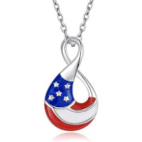 American Flag Infinity Necklace - 925 Sterling Silver Patriotic Pendant Red Blue & White Jewelry Independence Day Gift for Women Teens Girls